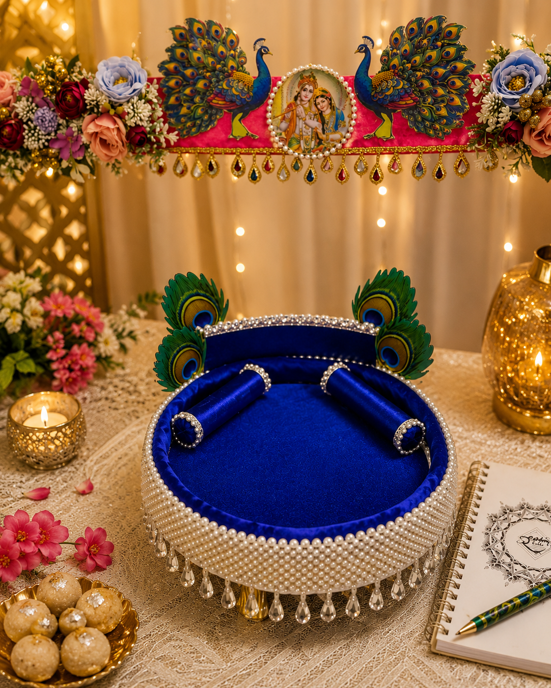 Krishna Royal Blue Velvet Singhasan Thali